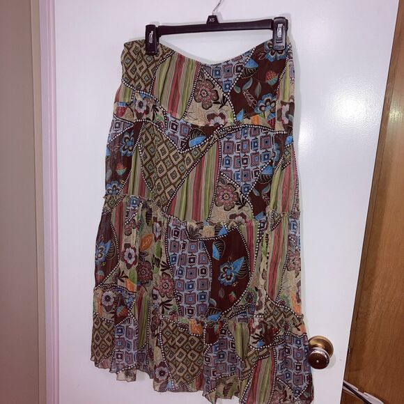 Studio 1940 Skirt Women Medium Boho Patch Teal Brown Maxi Long Tiered - Picture 1 of 6